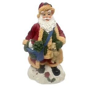 Vintage Polystone Santa Claus Figurine With Gift Bag Toys Teddy Bear 5.5" CL68